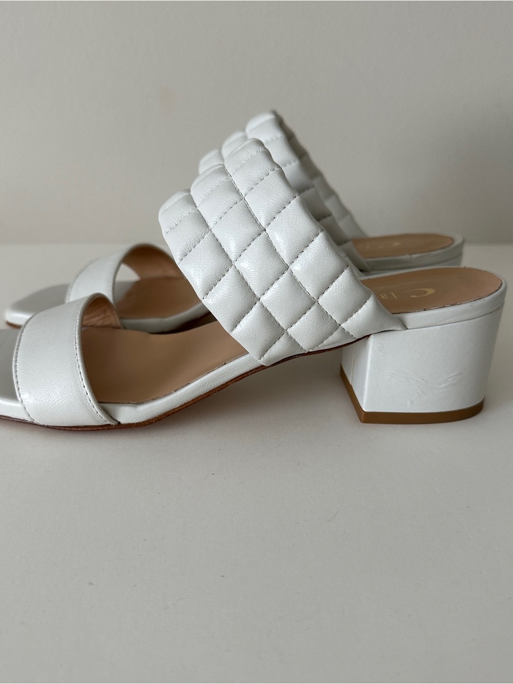 NEW La Canadienne Rossy White Quilted Leather Block Heel Slides, Sz 7.5